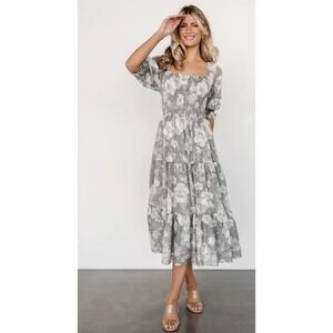 Baltic Born Fabian Jacquard Midi Sage Floral Tiered Ruffle Dress Size Large